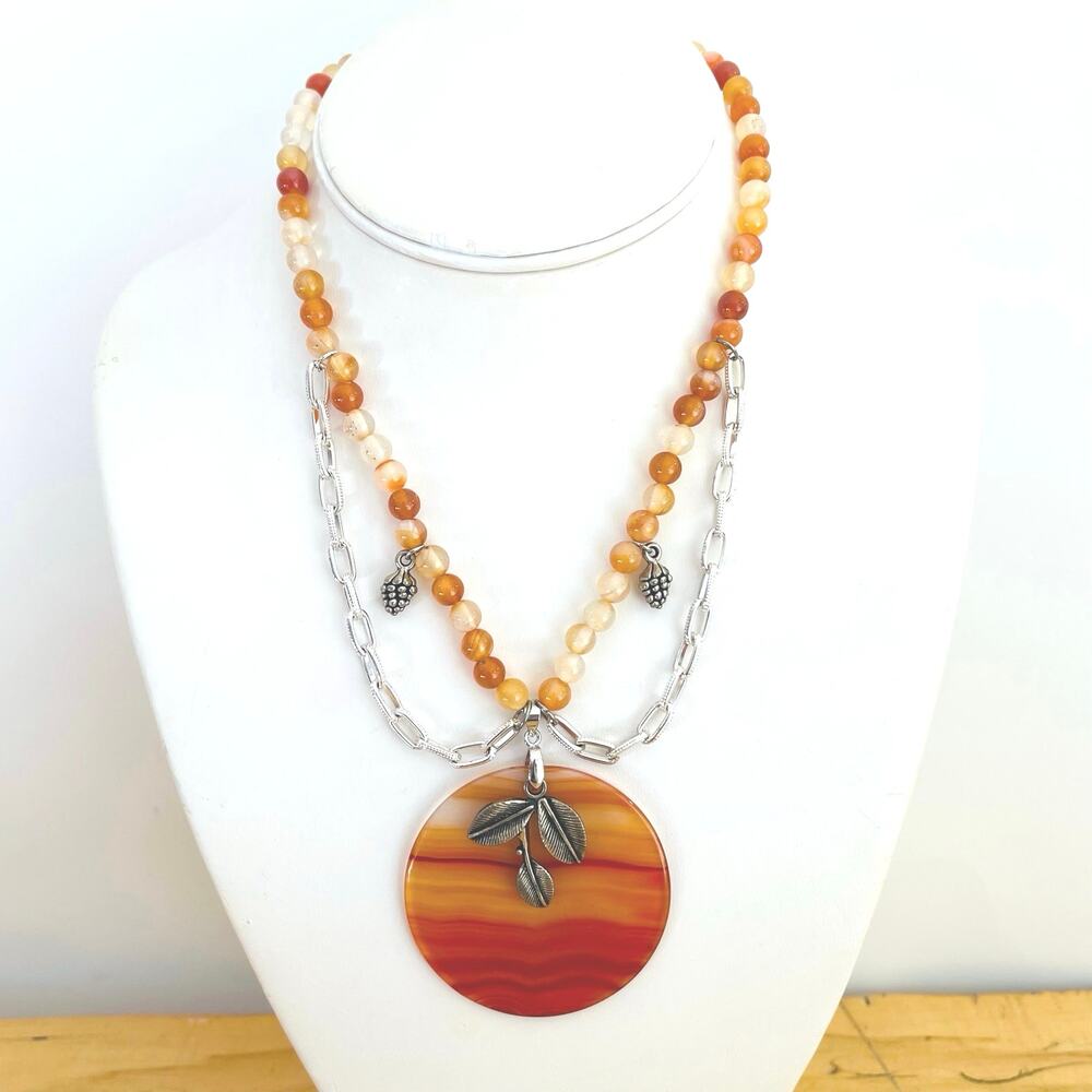 Vtg Boho Glass Pendant Bead Necklace Leaf Charm Link Chain Acorn